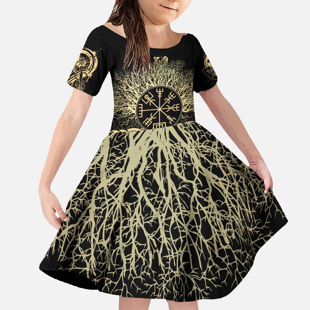 Vegvisir Compass Viking Family Matching Off Shoulder Maxi Dress and Hawaiian Shirt with Yggdrasil Tree and Axe Symbols Norse Mythology Tribute - Wonder Print Shop
