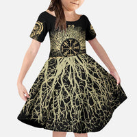 Vegvisir Compass Viking Family Matching Off Shoulder Maxi Dress and Hawaiian Shirt with Yggdrasil Tree and Axe Symbols Norse Mythology Tribute - Wonder Print Shop