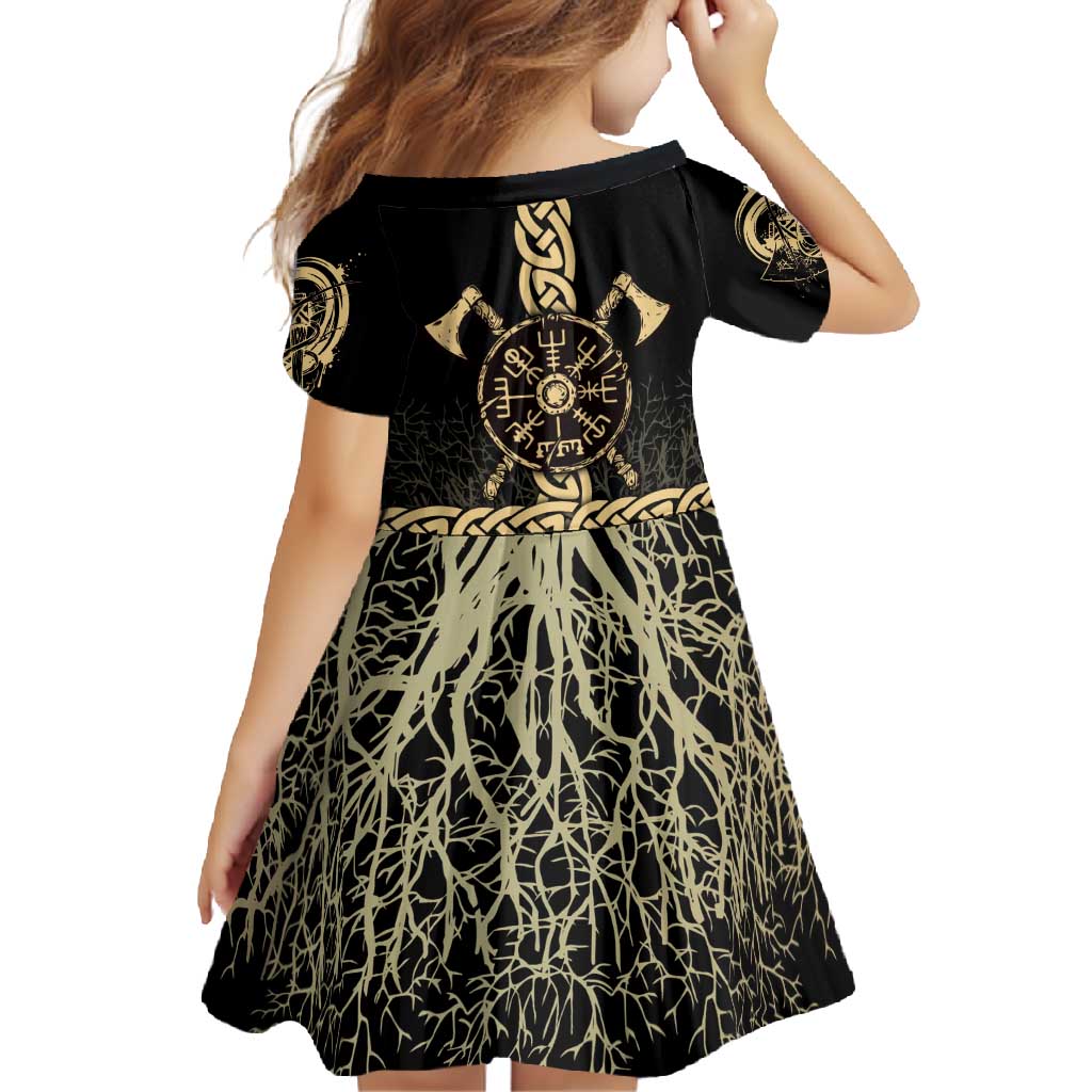 Vegvisir Compass Viking Family Matching Off Shoulder Maxi Dress and Hawaiian Shirt with Yggdrasil Tree and Axe Symbols Norse Mythology Tribute - Wonder Print Shop