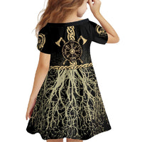 Vegvisir Compass Viking Family Matching Off Shoulder Maxi Dress and Hawaiian Shirt with Yggdrasil Tree and Axe Symbols Norse Mythology Tribute - Wonder Print Shop