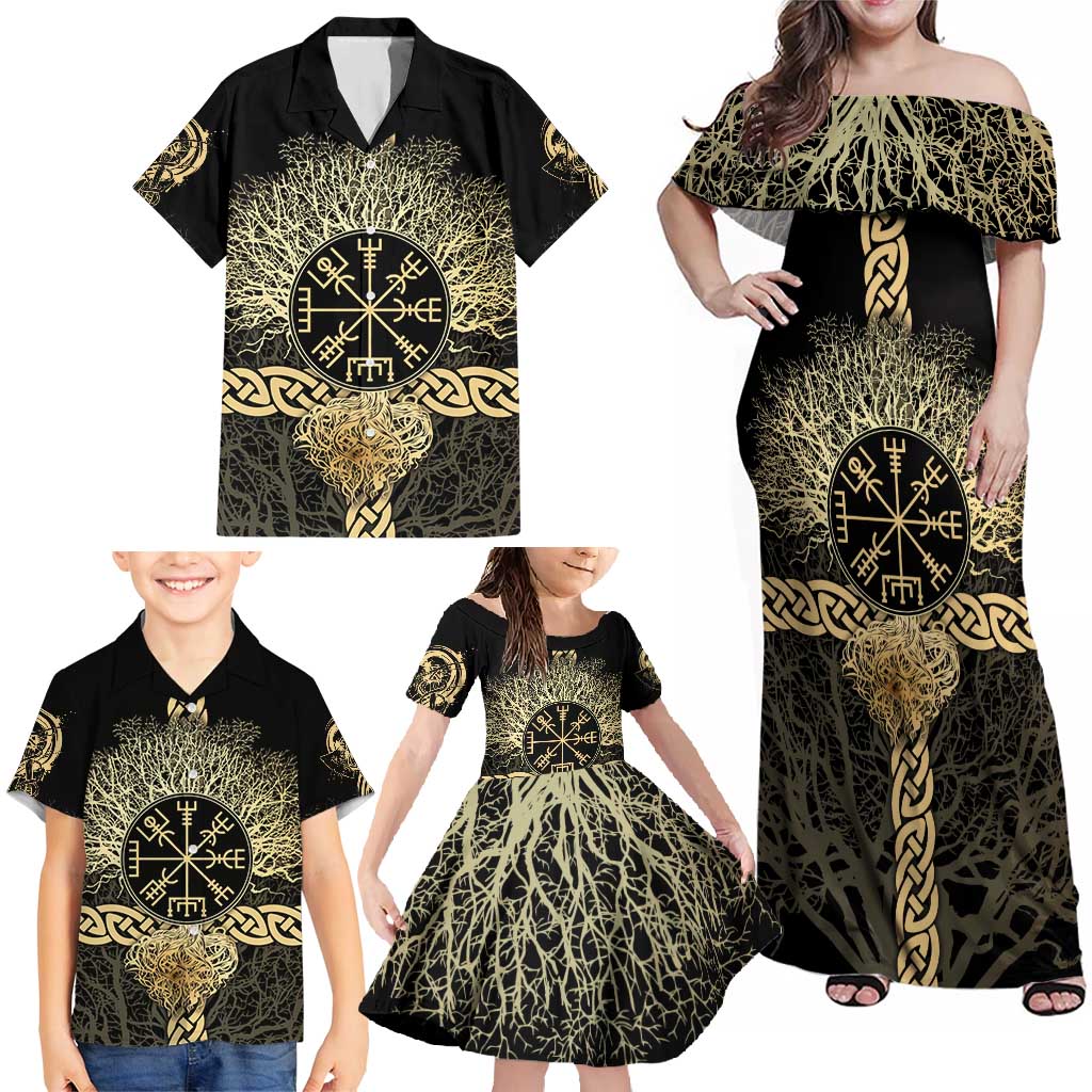 Vegvisir Compass Viking Family Matching Off Shoulder Maxi Dress and Hawaiian Shirt with Yggdrasil Tree and Axe Symbols Norse Mythology Tribute - Wonder Print Shop