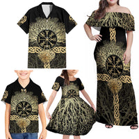 Vegvisir Compass Viking Family Matching Off Shoulder Maxi Dress and Hawaiian Shirt with Yggdrasil Tree and Axe Symbols Norse Mythology Tribute - Wonder Print Shop