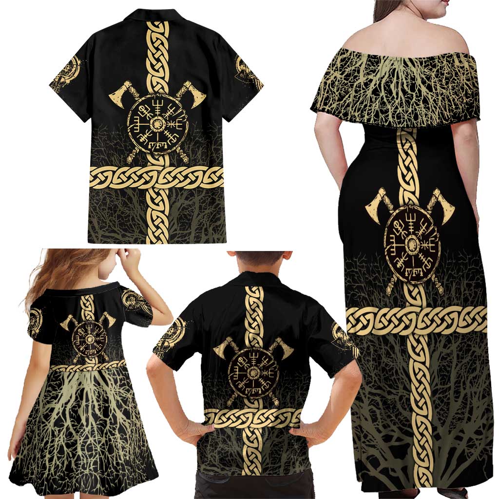 Vegvisir Compass Viking Family Matching Off Shoulder Maxi Dress and Hawaiian Shirt with Yggdrasil Tree and Axe Symbols Norse Mythology Tribute - Wonder Print Shop