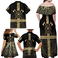 Vegvisir Compass Viking Family Matching Off Shoulder Maxi Dress and Hawaiian Shirt with Yggdrasil Tree and Axe Symbols Norse Mythology Tribute - Wonder Print Shop