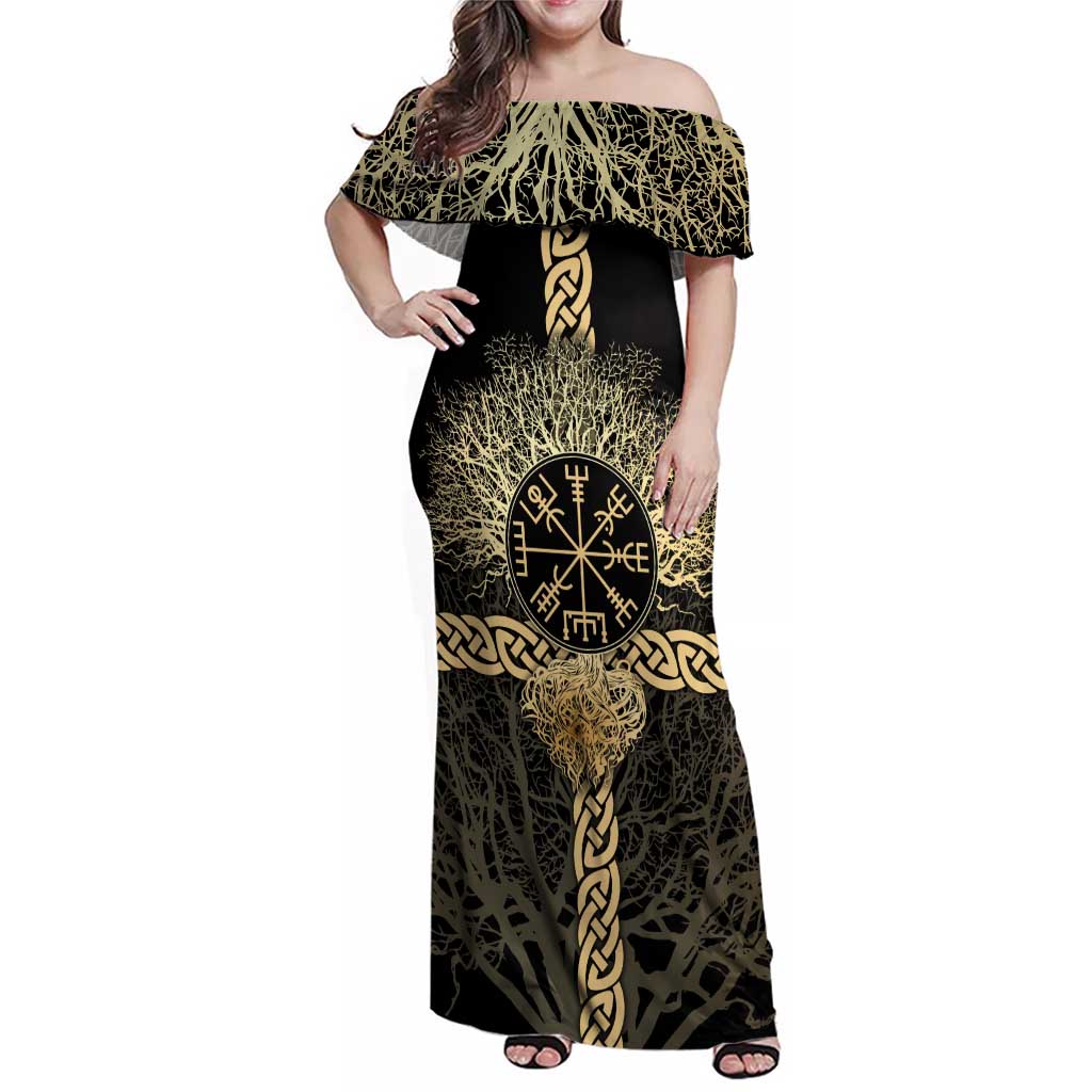 Vegvisir Compass Viking Family Matching Off Shoulder Maxi Dress and Hawaiian Shirt with Yggdrasil Tree and Axe Symbols Norse Mythology Tribute - Wonder Print Shop