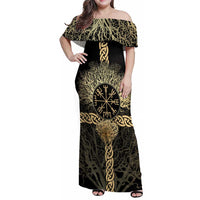 Vegvisir Compass Viking Family Matching Off Shoulder Maxi Dress and Hawaiian Shirt with Yggdrasil Tree and Axe Symbols Norse Mythology Tribute - Wonder Print Shop