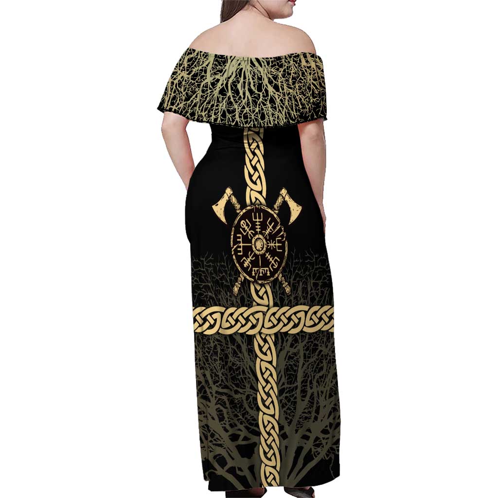 Vegvisir Compass Viking Family Matching Off Shoulder Maxi Dress and Hawaiian Shirt with Yggdrasil Tree and Axe Symbols Norse Mythology Tribute - Wonder Print Shop