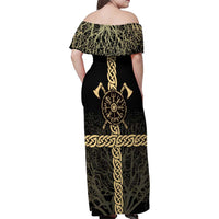 Vegvisir Compass Viking Family Matching Off Shoulder Maxi Dress and Hawaiian Shirt with Yggdrasil Tree and Axe Symbols Norse Mythology Tribute - Wonder Print Shop