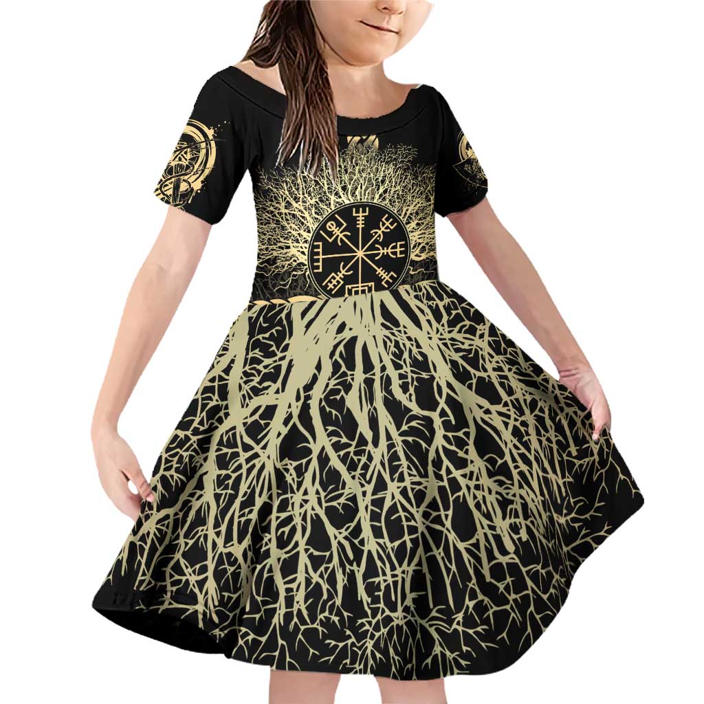 Vegvisir Compass Viking Family Matching Off Shoulder Short Dress and Hawaiian Shirt with Yggdrasil Tree and Axe Symbols Norse Mythology Tribute - Wonder Print Shop