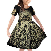 Vegvisir Compass Viking Family Matching Off Shoulder Short Dress and Hawaiian Shirt with Yggdrasil Tree and Axe Symbols Norse Mythology Tribute - Wonder Print Shop