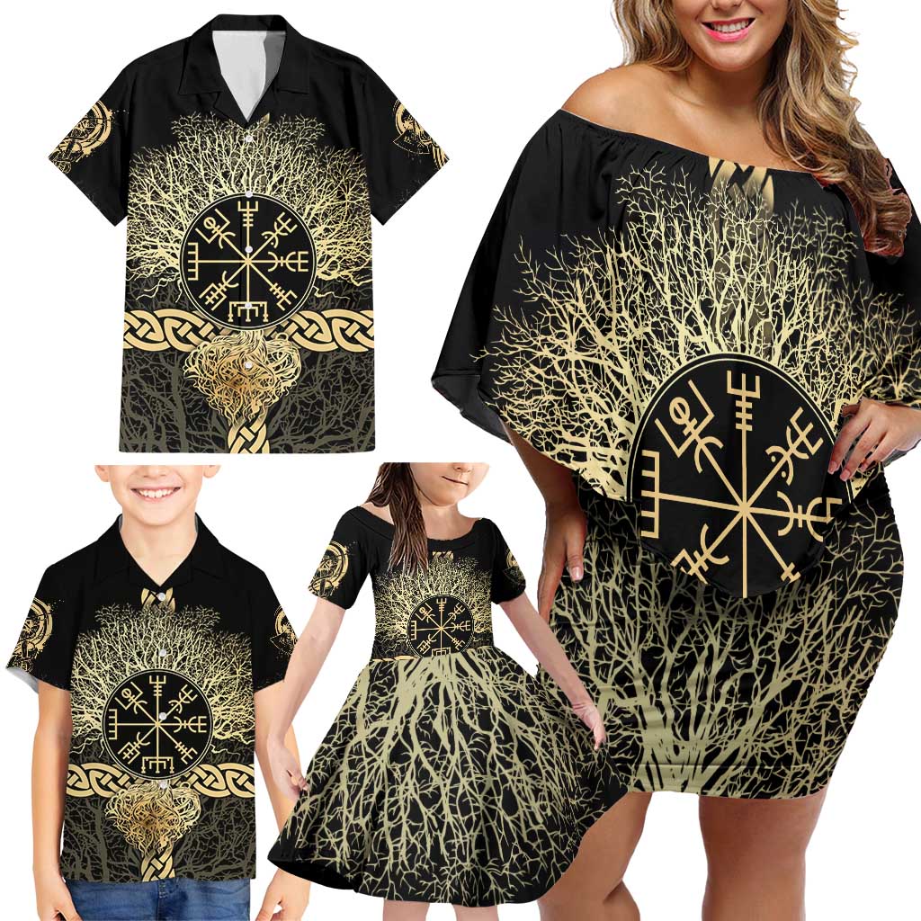 Vegvisir Compass Viking Family Matching Off Shoulder Short Dress and Hawaiian Shirt with Yggdrasil Tree and Axe Symbols Norse Mythology Tribute - Wonder Print Shop