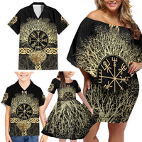 Vegvisir Compass Viking Family Matching Off Shoulder Short Dress and Hawaiian Shirt with Yggdrasil Tree and Axe Symbols Norse Mythology Tribute - Wonder Print Shop