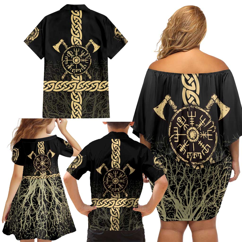 Vegvisir Compass Viking Family Matching Off Shoulder Short Dress and Hawaiian Shirt with Yggdrasil Tree and Axe Symbols Norse Mythology Tribute - Wonder Print Shop