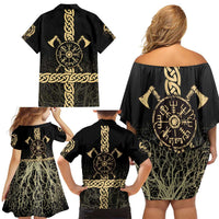 Vegvisir Compass Viking Family Matching Off Shoulder Short Dress and Hawaiian Shirt with Yggdrasil Tree and Axe Symbols Norse Mythology Tribute - Wonder Print Shop