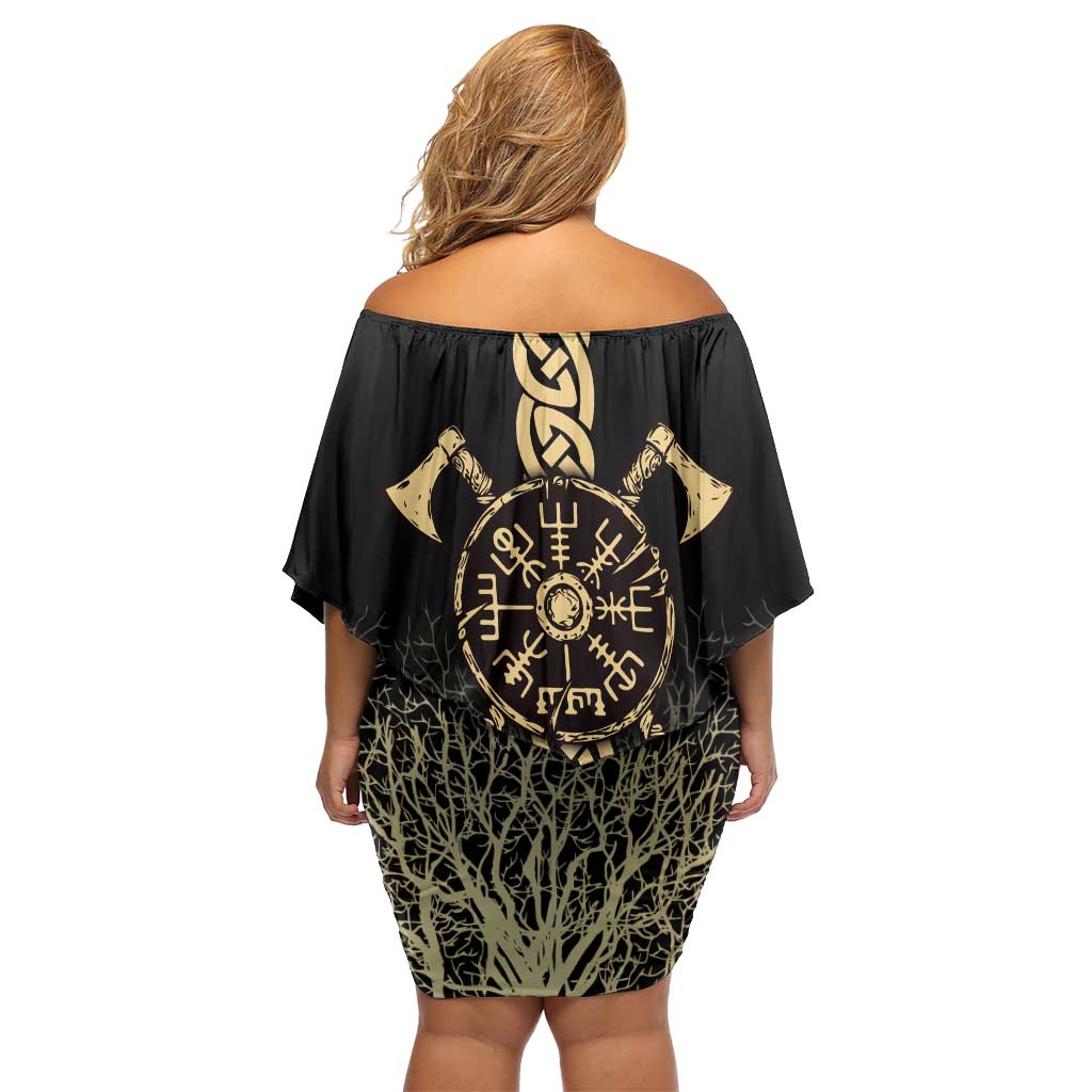 Vegvisir Compass Viking Family Matching Off Shoulder Short Dress and Hawaiian Shirt with Yggdrasil Tree and Axe Symbols Norse Mythology Tribute - Wonder Print Shop