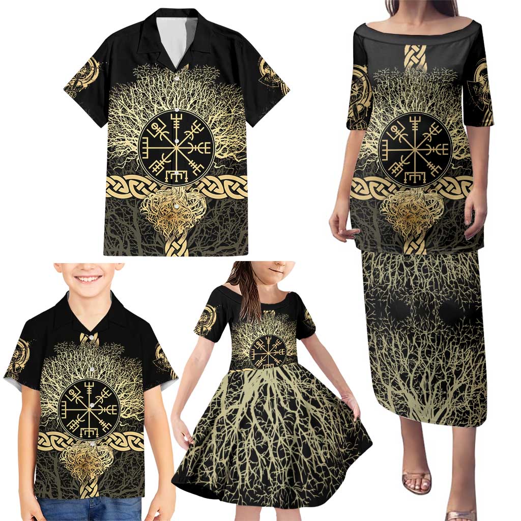 Vegvisir Compass Viking Family Matching Puletasi and Hawaiian Shirt with Yggdrasil Tree and Axe Symbols Norse Mythology Tribute - Wonder Print Shop