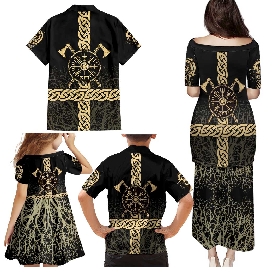 Vegvisir Compass Viking Family Matching Puletasi and Hawaiian Shirt with Yggdrasil Tree and Axe Symbols Norse Mythology Tribute - Wonder Print Shop