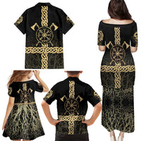 Vegvisir Compass Viking Family Matching Puletasi and Hawaiian Shirt with Yggdrasil Tree and Axe Symbols Norse Mythology Tribute - Wonder Print Shop