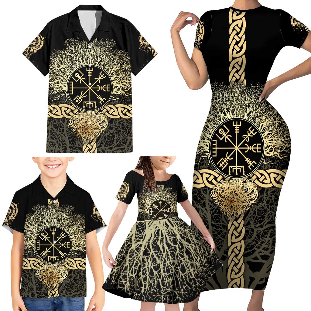Vegvisir Compass Viking Family Matching Short Sleeve Bodycon Dress and Hawaiian Shirt with Yggdrasil Tree and Axe Symbols Norse Mythology Tribute - Wonder Print Shop