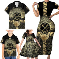 Vegvisir Compass Viking Family Matching Short Sleeve Bodycon Dress and Hawaiian Shirt with Yggdrasil Tree and Axe Symbols Norse Mythology Tribute - Wonder Print Shop