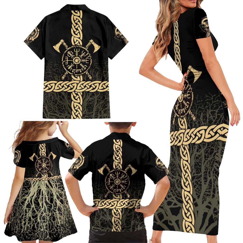Vegvisir Compass Viking Family Matching Short Sleeve Bodycon Dress and Hawaiian Shirt with Yggdrasil Tree and Axe Symbols Norse Mythology Tribute - Wonder Print Shop