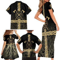 Vegvisir Compass Viking Family Matching Short Sleeve Bodycon Dress and Hawaiian Shirt with Yggdrasil Tree and Axe Symbols Norse Mythology Tribute - Wonder Print Shop