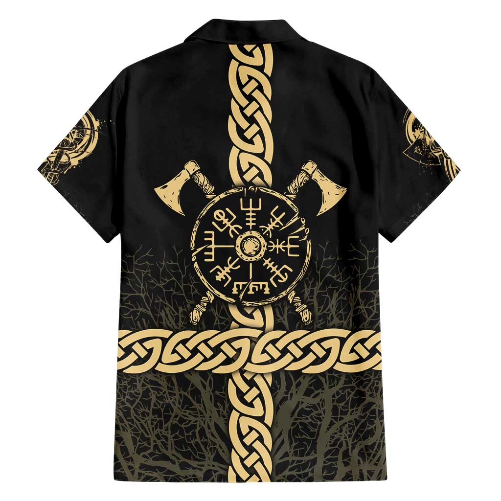 Vegvisir Compass Viking Family Matching Short Sleeve Bodycon Dress and Hawaiian Shirt with Yggdrasil Tree and Axe Symbols Norse Mythology Tribute - Wonder Print Shop