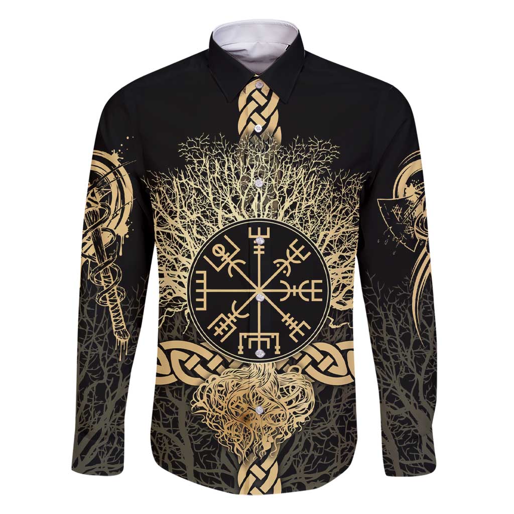 Vegvisir Compass Viking Family Matching Short Sleeve Bodycon Dress and Hawaiian Shirt with Yggdrasil Tree and Axe Symbols Norse Mythology Tribute - Wonder Print Shop