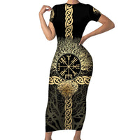 Vegvisir Compass Viking Family Matching Short Sleeve Bodycon Dress and Hawaiian Shirt with Yggdrasil Tree and Axe Symbols Norse Mythology Tribute - Wonder Print Shop