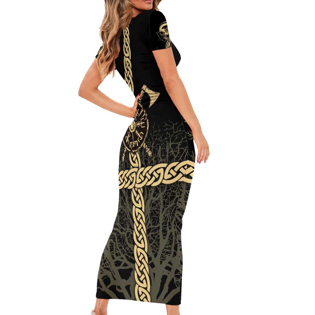 Vegvisir Compass Viking Family Matching Short Sleeve Bodycon Dress and Hawaiian Shirt with Yggdrasil Tree and Axe Symbols Norse Mythology Tribute - Wonder Print Shop