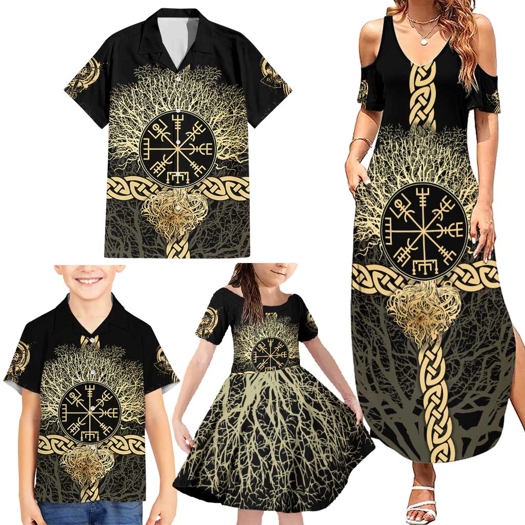 Vegvisir Compass Viking Family Matching Summer Maxi Dress and Hawaiian Shirt with Yggdrasil Tree and Axe Symbols Norse Mythology Tribute - Wonder Print Shop