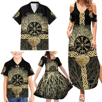 Vegvisir Compass Viking Family Matching Summer Maxi Dress and Hawaiian Shirt with Yggdrasil Tree and Axe Symbols Norse Mythology Tribute - Wonder Print Shop
