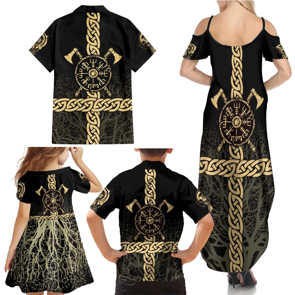 Vegvisir Compass Viking Family Matching Summer Maxi Dress and Hawaiian Shirt with Yggdrasil Tree and Axe Symbols Norse Mythology Tribute - Wonder Print Shop
