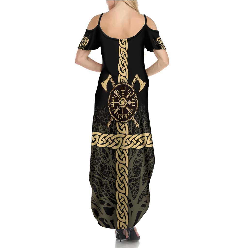 Vegvisir Compass Viking Family Matching Summer Maxi Dress and Hawaiian Shirt with Yggdrasil Tree and Axe Symbols Norse Mythology Tribute - Wonder Print Shop