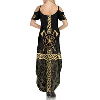 Vegvisir Compass Viking Family Matching Summer Maxi Dress and Hawaiian Shirt with Yggdrasil Tree and Axe Symbols Norse Mythology Tribute - Wonder Print Shop
