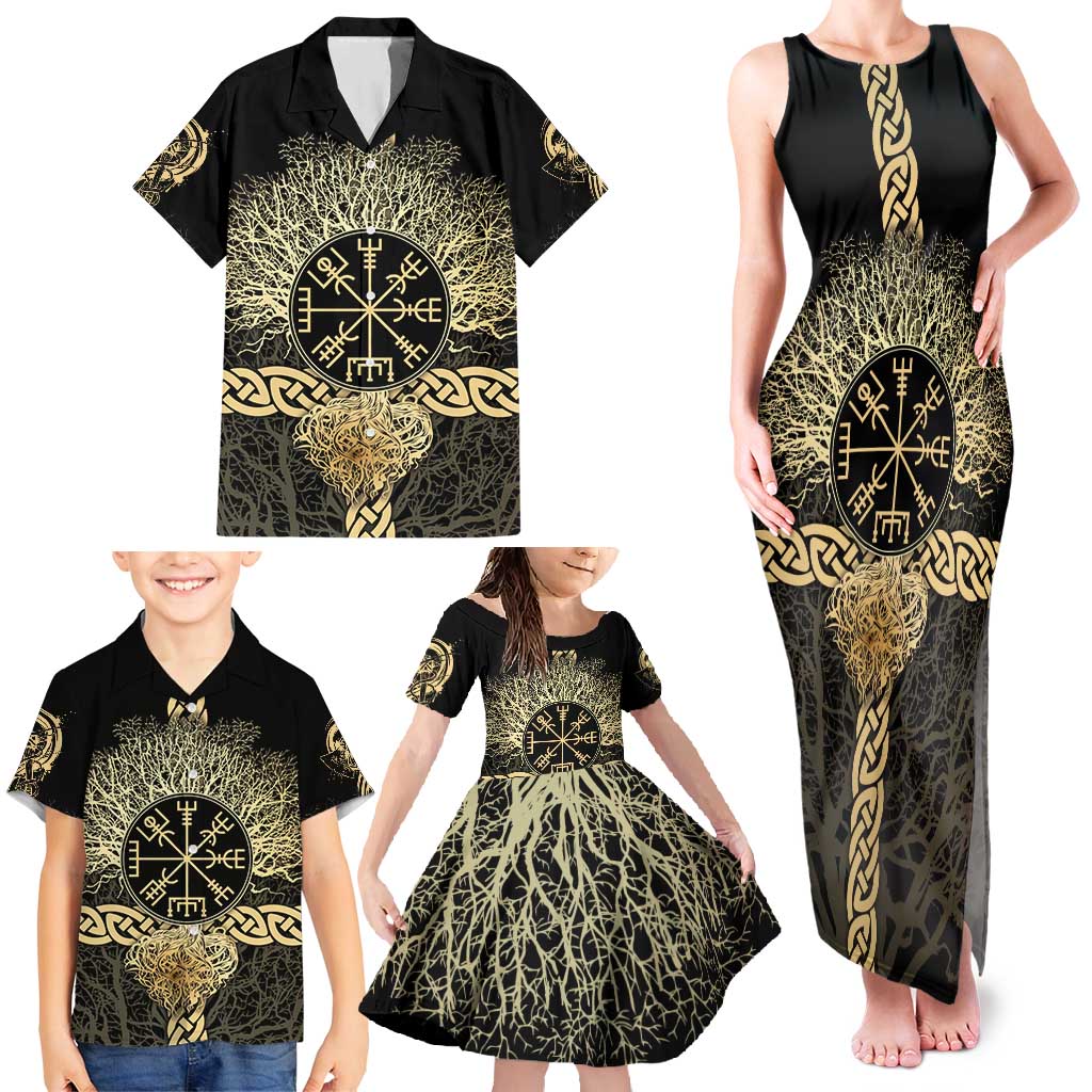 Vegvisir Compass Viking Family Matching Tank Maxi Dress and Hawaiian Shirt with Yggdrasil Tree and Axe Symbols Norse Mythology Tribute - Wonder Print Shop