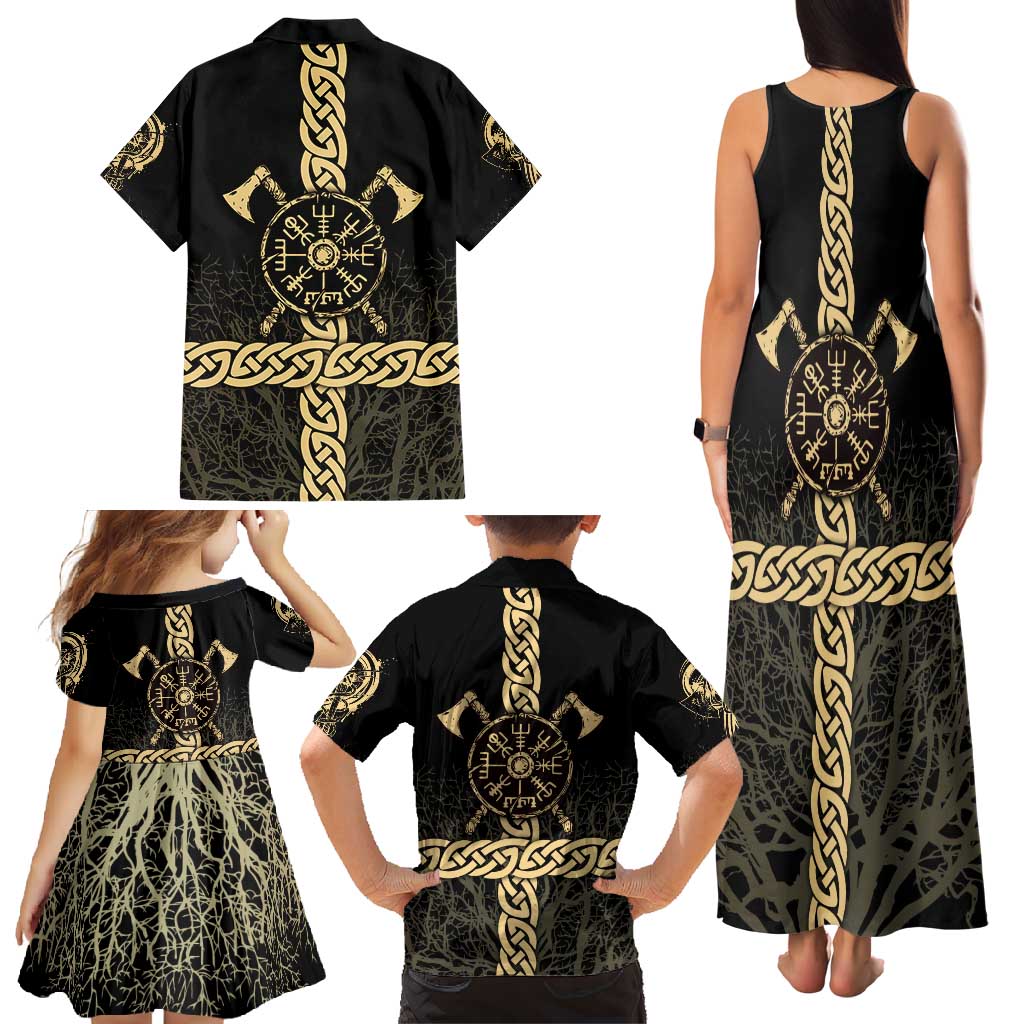 Vegvisir Compass Viking Family Matching Tank Maxi Dress and Hawaiian Shirt with Yggdrasil Tree and Axe Symbols Norse Mythology Tribute - Wonder Print Shop