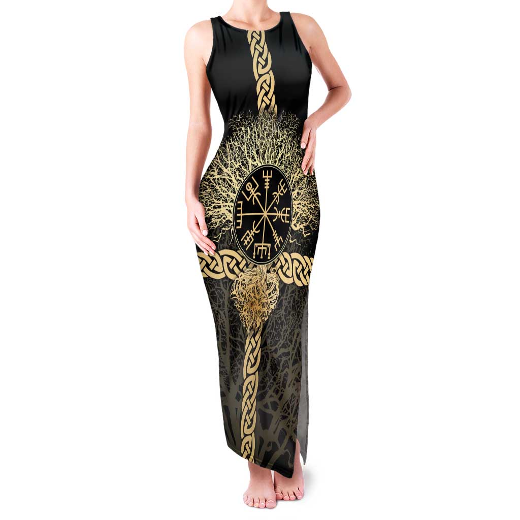 Vegvisir Compass Viking Family Matching Tank Maxi Dress and Hawaiian Shirt with Yggdrasil Tree and Axe Symbols Norse Mythology Tribute - Wonder Print Shop