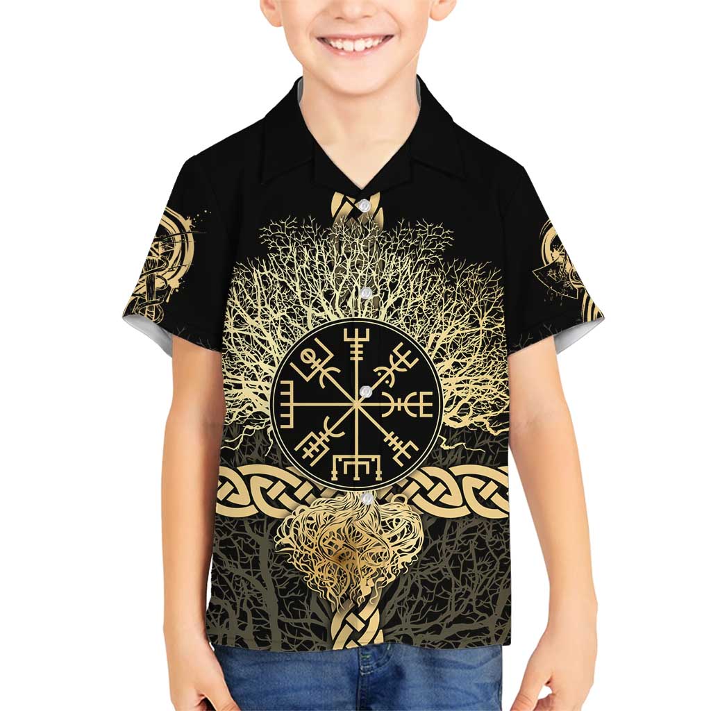 Vegvisir Compass Viking Family Matching Tank Maxi Dress and Hawaiian Shirt with Yggdrasil Tree and Axe Symbols Norse Mythology Tribute - Wonder Print Shop