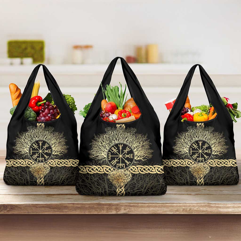 Vegvisir Compass Viking Grocery Bag with Yggdrasil Tree and Axe Symbols Norse Mythology Tribute - Wonder Print Shop