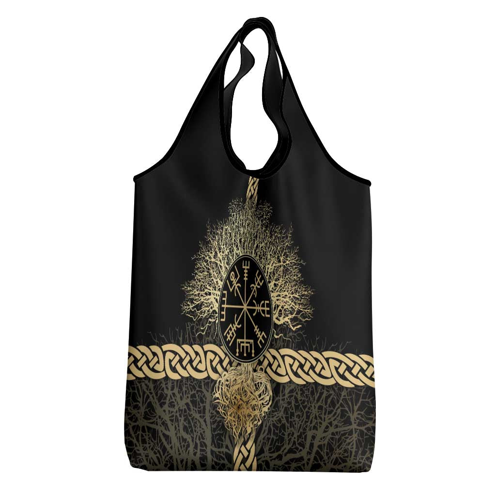 Vegvisir Compass Viking Grocery Bag with Yggdrasil Tree and Axe Symbols Norse Mythology Tribute - Wonder Print Shop