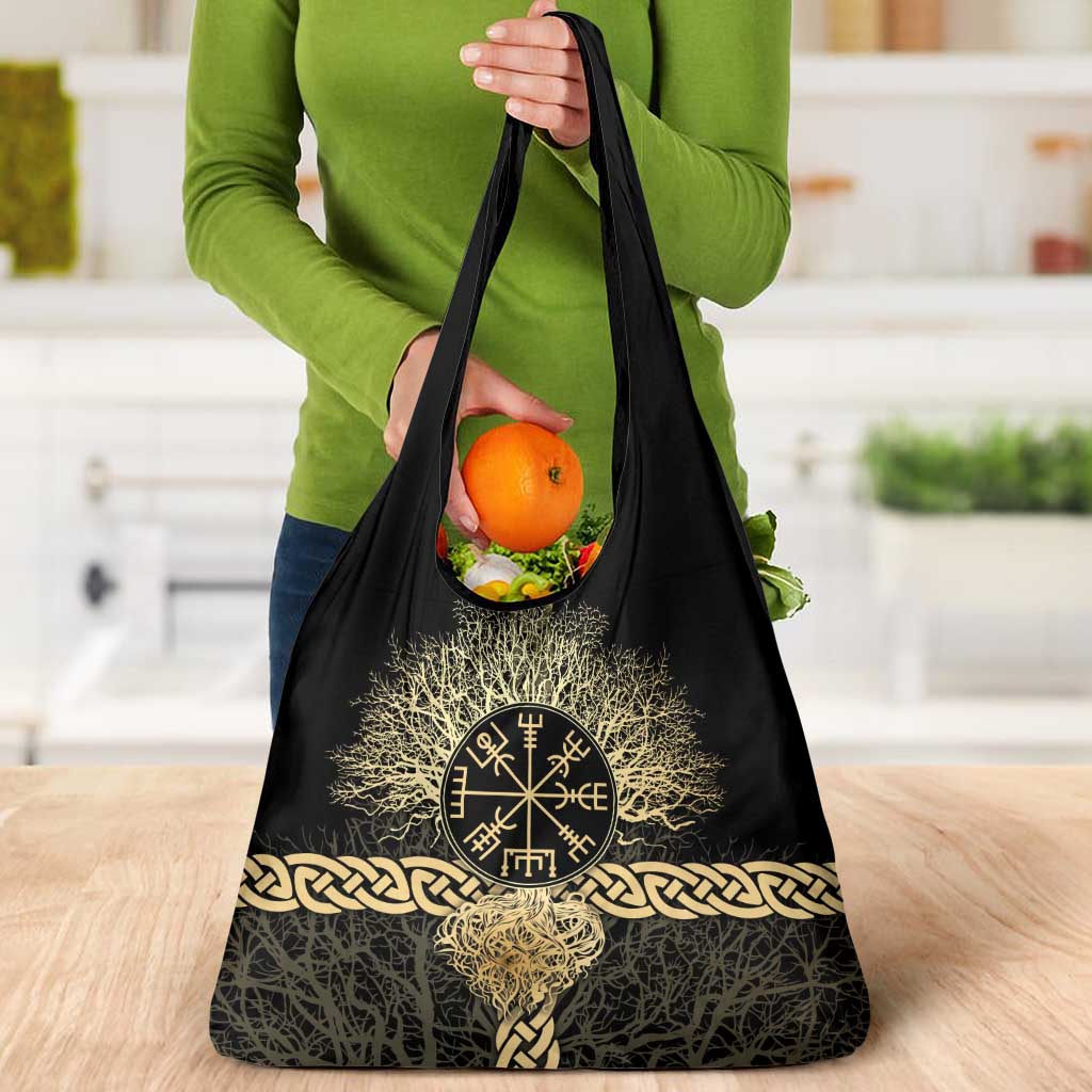 Vegvisir Compass Viking Grocery Bag with Yggdrasil Tree and Axe Symbols Norse Mythology Tribute - Wonder Print Shop