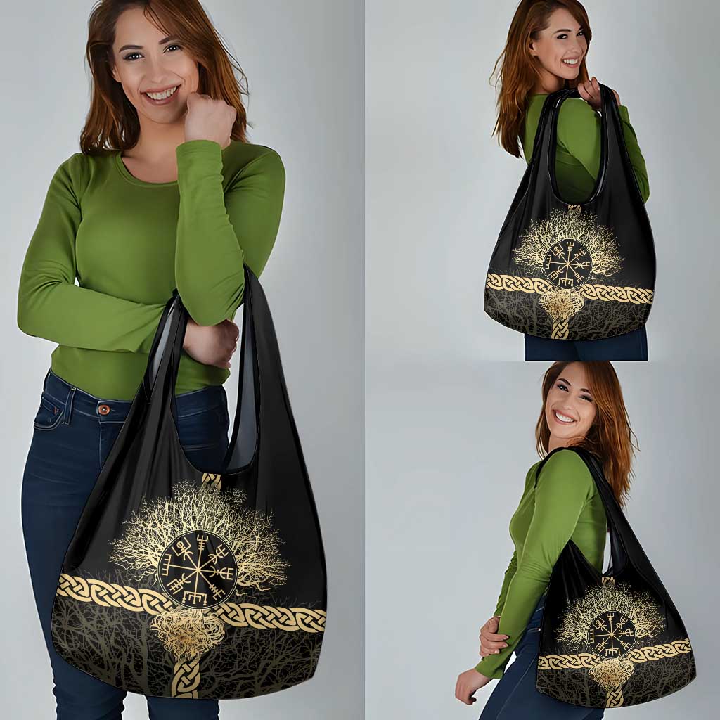 Vegvisir Compass Viking Grocery Bag with Yggdrasil Tree and Axe Symbols Norse Mythology Tribute - Wonder Print Shop