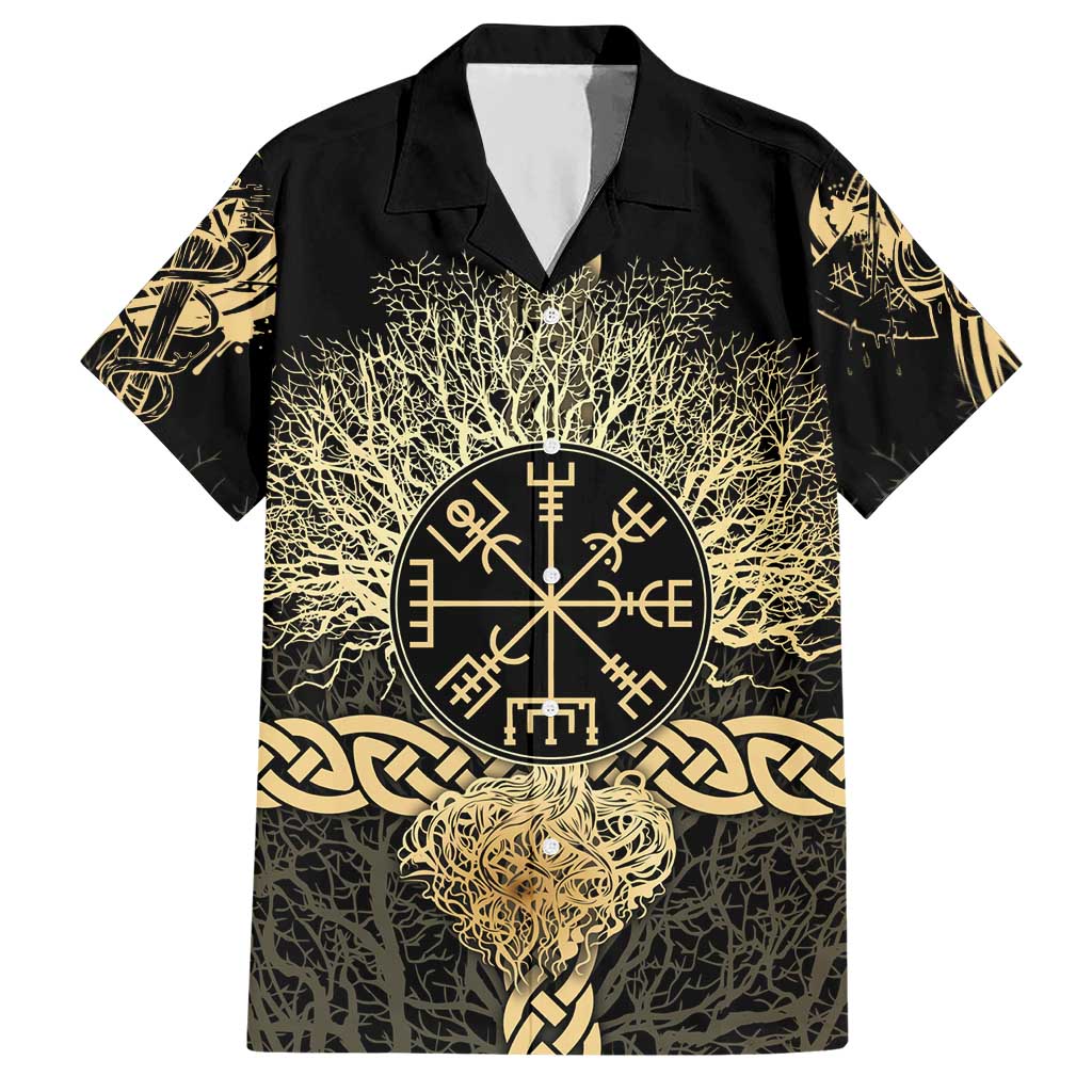 Vegvisir Compass Viking Hawaiian Shirt with Yggdrasil Tree and Axe Symbols Norse Mythology Tribute - Wonder Print Shop