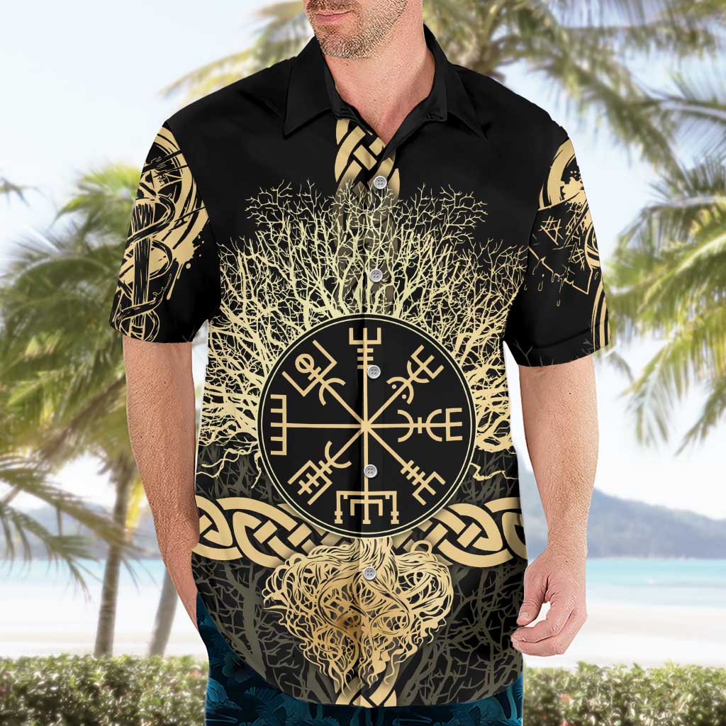 Vegvisir Compass Viking Hawaiian Shirt with Yggdrasil Tree and Axe Symbols Norse Mythology Tribute - Wonder Print Shop
