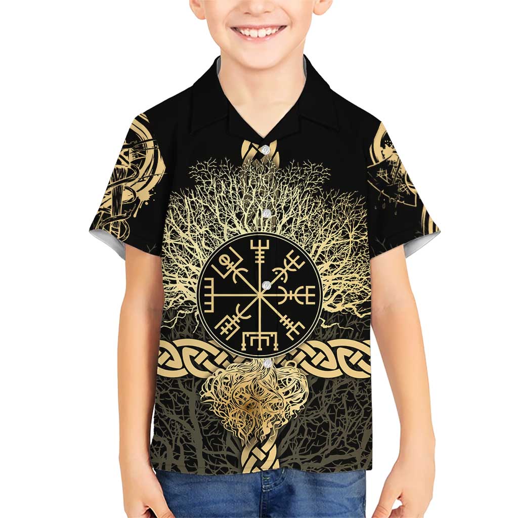 Vegvisir Compass Viking Hawaiian Shirt with Yggdrasil Tree and Axe Symbols Norse Mythology Tribute - Wonder Print Shop