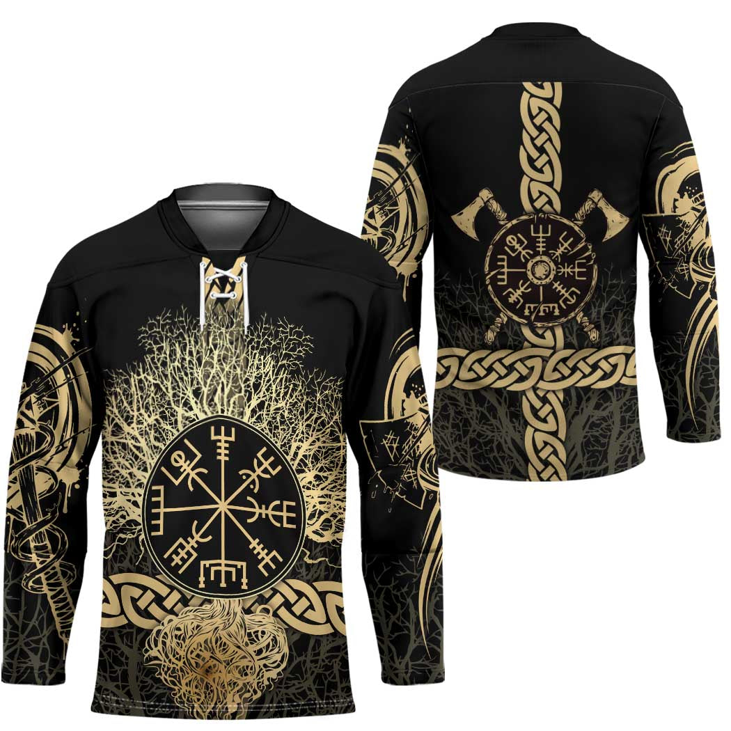 Vegvisir Compass Viking Hockey Jersey with Yggdrasil Tree and Axe Symbols Norse Mythology Tribute - Wonder Print Shop