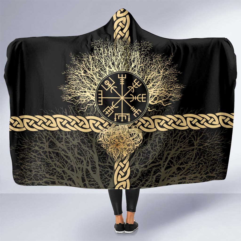 Vegvisir Compass Viking Hooded Blanket with Yggdrasil Tree and Axe Symbols Norse Mythology Tribute - Wonder Print Shop