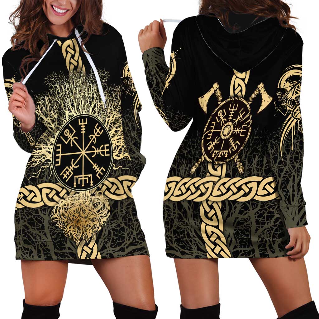 Vegvisir Compass Viking Hoodie Dress with Yggdrasil Tree and Axe Symbols Norse Mythology Tribute - Wonder Print Shop