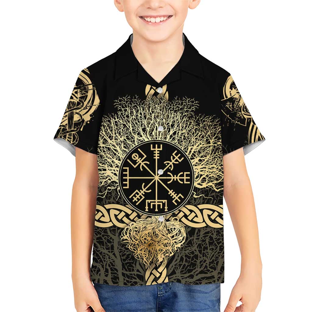 Vegvisir Compass Viking Kid Hawaiian Shirt with Yggdrasil Tree and Axe Symbols Norse Mythology Tribute - Wonder Print Shop